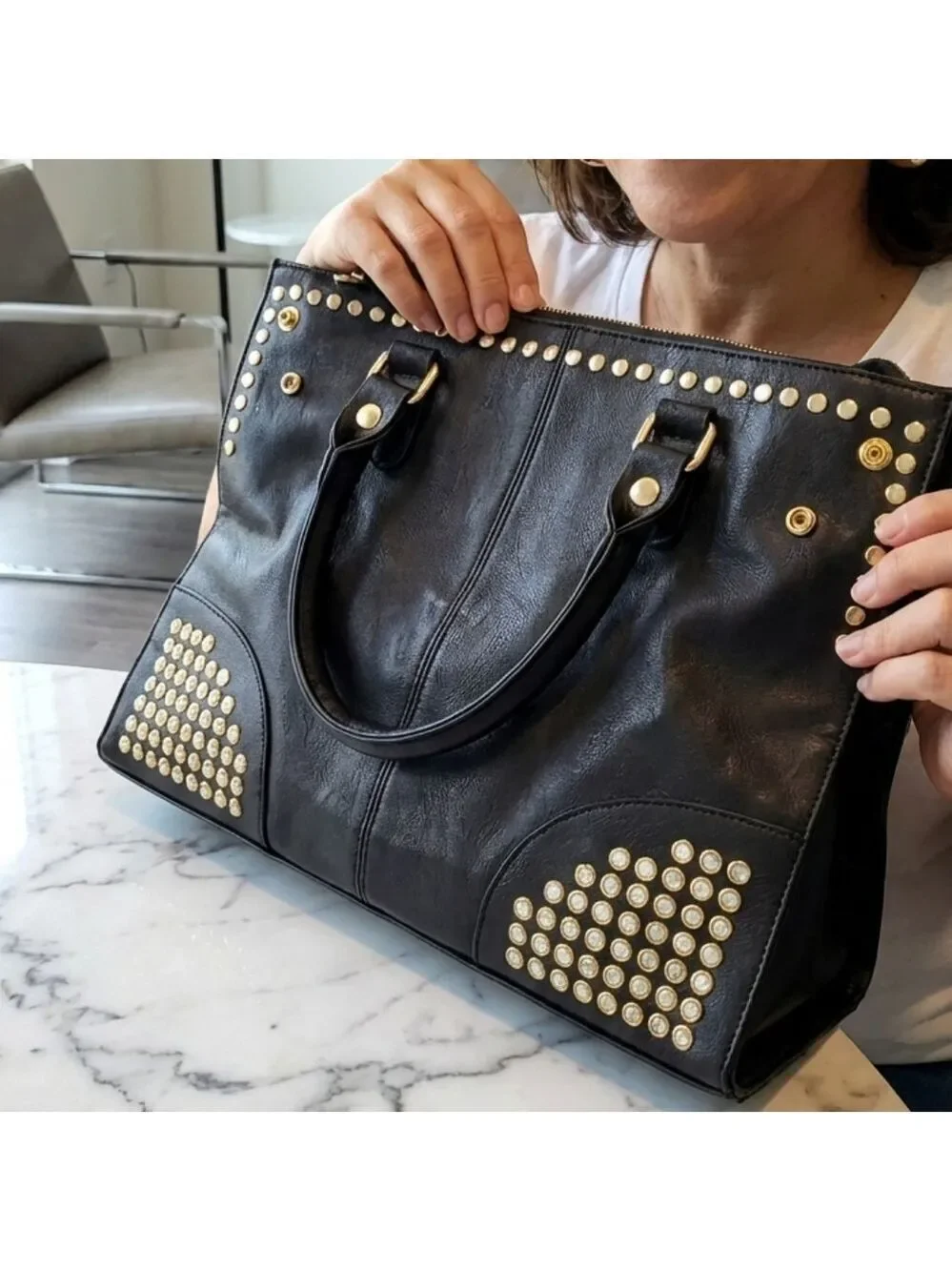 Black Vegan Leather Rivet Satchel Tote Top Handle Shoulder Bag Adjustable Strap